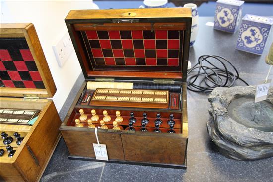 A Victorian burr walnut cased games compendium, 13.5in.